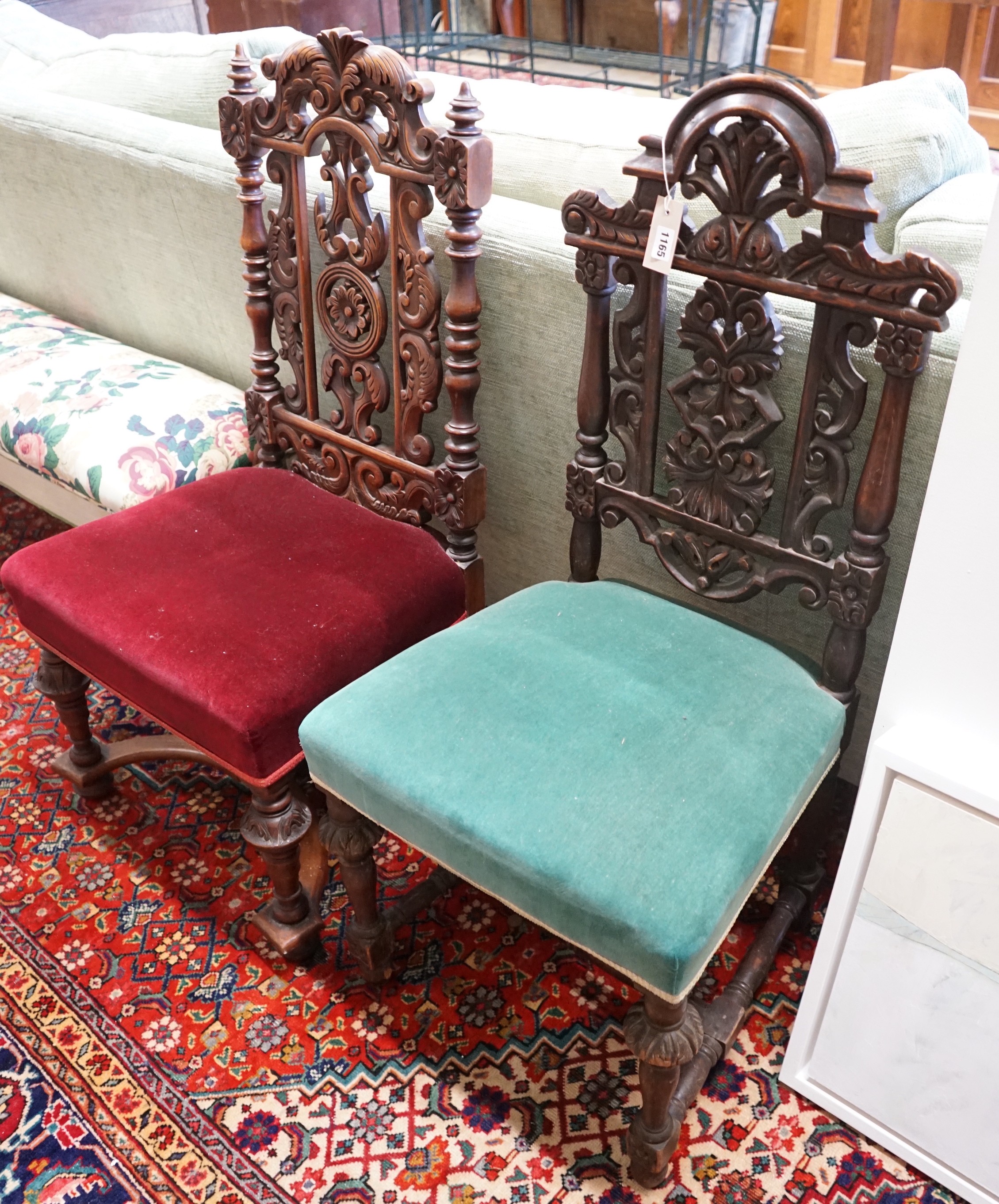 Two Victorian carved oak and walnut side chairs, larger height 92cm